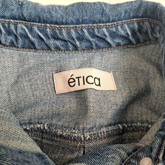 Etica Jean Midi Dress Women's Size XS Blue Denim Button Front Distressed - Picture 6 of 7